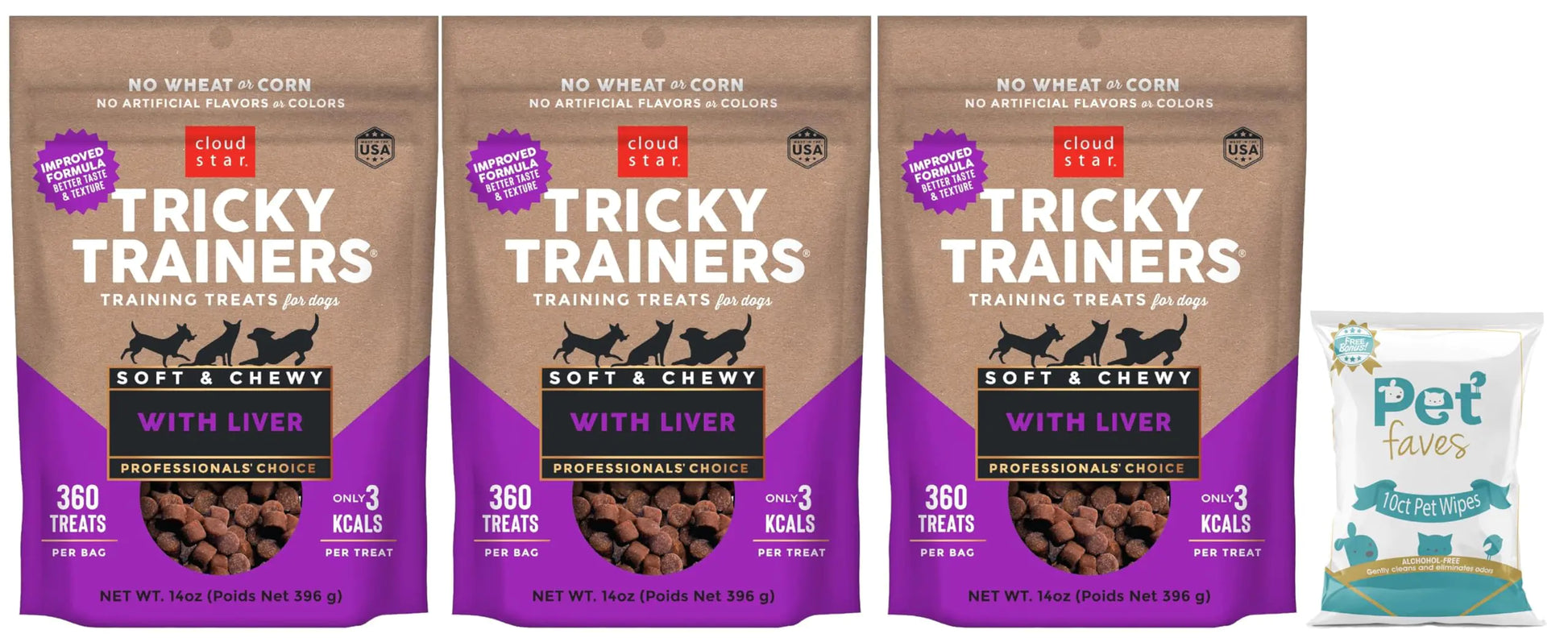 (3 Pack) Cloud Star Tricky Trainers Chewy Dog Treats Whole Grain Soft for Adult & Puppy - Liver 14oz Each with 10ct Pet Wipes - The Pet Reset